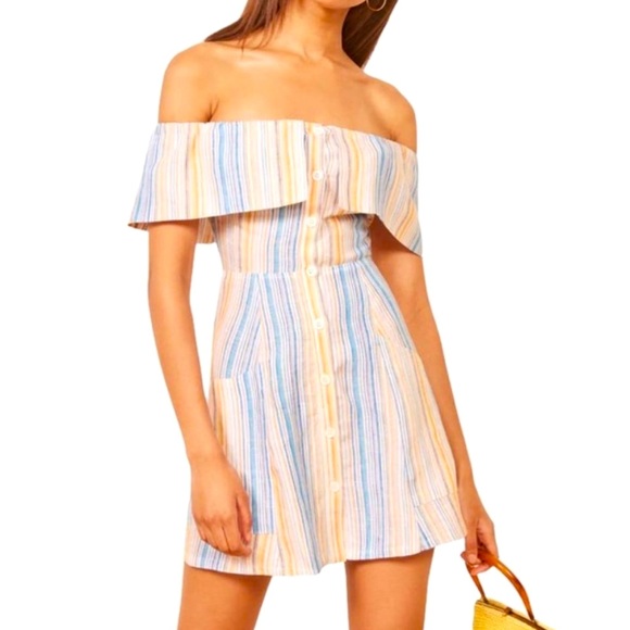 Reformation-Landry off-the-shoulder mini LINEN DRESS - Picture 1 of 2